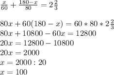 \frac{x}{60}+\frac{180-x}{80}=2\frac{2}{3}\\ \\80x+60(180-x)=60*80*2\frac{2}{3}\\80x+10800-60x=12800\\20x=12800-10800\\20x=2000\\x=2000:20\\x=100