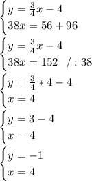 \begin{cases} y =\frac{3}{4}x-4\\ 38x =56+96\end{cases}\\\\\begin{cases} y =\frac{3}{4}x-4\\ 38x =152\ \ /: 38\end{cases}\\\\\begin{cases} y =\frac{3}{4}*4-4\\ x =4\end{cases}\\\\\begin{cases} y =3-4\\ x =4\end{cases} \\\\\begin{cases} y =-1\\ x =4\end{cases}