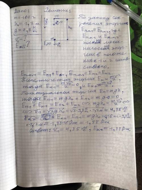 Яблоко массой 160 г свободно падает с ветки яблони на высоте 1,2 м на землю. какой будет кинетическа