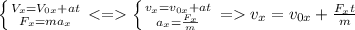 \left \{ {{V_{x} =V_{0x} +at} \atop {F_{x} =ma_{x} }} \right. <= \left \{ {{v_{x}=v_{0x} +at} \atop {a_{x}=\frac{F_{x} }{m} }} \right. = v_{x}=v_{0x}+\frac{F_{x}t }{m}