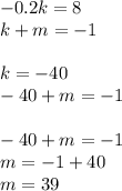 - 0.2k = 8 \\ k + m = - 1 \\ \\ k = - 40 \\ - 40 + m = - 1 \\ \\ - 40 + m = - 1 \\ m = - 1 + 40 \\ m = 39