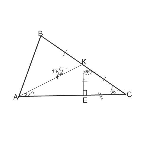 Втреугольнике авс проведена медиана ак равная и составляющая со стороной ас угол 30. найти вс если у