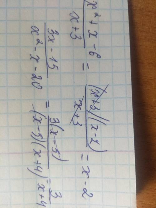 Нужно сократить дроби, решить 1) x²+x-6 / x+3 2) 3x-15 / x²-x-20