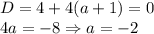 D=4+4(a+1)=0\\4a=-8\Rightarrow a=-2