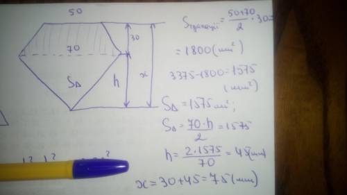 Площа многокутника,зображеного на рисунку, дорінює 3375 мм2. скориставшись рисунком, знайдіть х