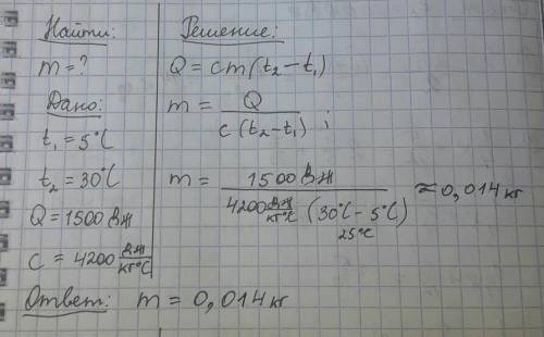 Определить массу воды,для нагревания которой от 5градусов до 30градусов необходимо затратить 1500дж