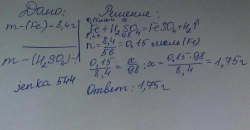Рассчитайте массу серной кислоты необходимую для расворения 8,4 грамма железа​