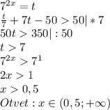 7^{2x}=t\\\frac{t}{7}+7t-5050|*7\\50t350|:50\\t7\\7^{2x}7^1\\2x1\\x0,5\\Otvet:x\in (0,5;+\infty)