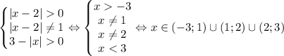 \left\{\begin{matrix}|x-2|0\\ |x-2|\neq 1\\ 3-|x|0\end{matrix}\right.\Leftrightarrow \left\{\begin{matrix}x -3\\ x \neq 1\\ x \neq 2\\ x < 3\end{matrix}\right. \Leftrightarrow x\in (-3;1)\cup (1;2)\cup (2;3)