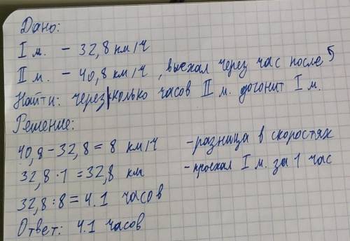 Из пункта а в пункт б выехал мотоциклист со скоростью 32,8 км ч спустя один час вслед за ним выехал