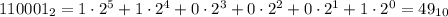 110001_2=1\cdot2^5+1\cdot2^4+0\cdot2^3+0\cdot2^2+0\cdot2^1+1\cdot2^0=49_{10}