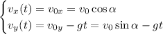 \begin{cases}v_x(t)=v_{0x}=v_0\cos\alpha\\v_y(t)=v_{0y}-gt=v_0\sin\alpha-gt\end{cases}