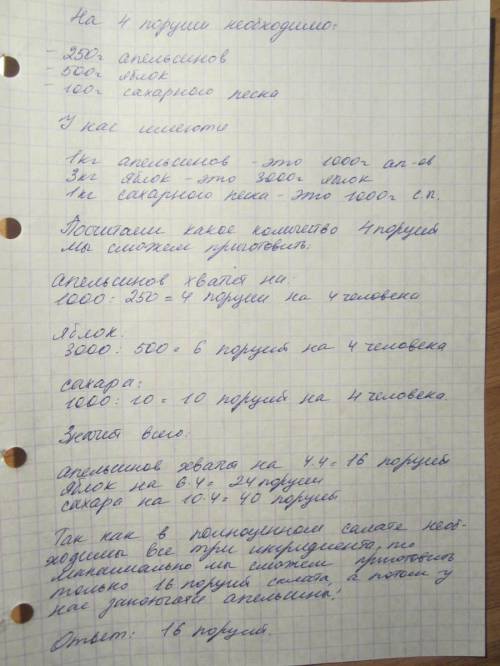 Чтобы приготовить фруктовый салат на 4 порции необходимо: 250 апельсинов,500 яблок и 100 г сахарного