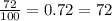 \frac{72}{100} = 0.72 = 72