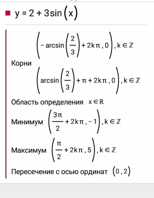 Найти область определения и множество точек значений данной функции у=2+3sin(x)​