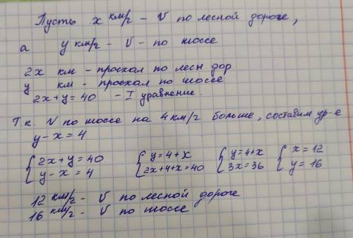 Велосипед ехал 2 часа по лесной дороге и 1 час по шоссе, всего он проехал 40 км. скорость его на шос