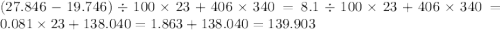 (27.846 - 19.746) \div 100 \times 23 + 406 \times 340 = 8.1 \div 100 \times 23 + 406 \times 340 = 0.081 \times 23 + 138.040 = 1.863 + 138.040 = 139.903