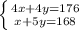 \left \{ {{4x+4y=176} \atop {x+5y=168}} \right.