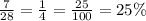 \frac{7}{28} = \frac{1}{4} = \frac{25}{100} = 25\%