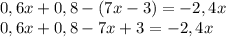 0,6x+0,8-(7x-3)=-2,4x\\0,6x+0,8-7x+3=-2,4x