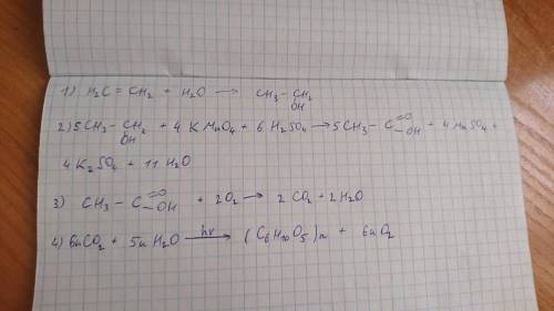 Напишіть рівняння реакції, що лежать в основі схеми: c2h4→c2h5oh→ch3cooh→co2→(c6h10o5) n
