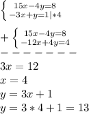 \left \{ {{15x-4y=8} \atop {-3x+y=1|*4}} \right.\\\\+\left \{ {{15x-4y=8} \atop {-12x+4y=4}} \right.\\-------\\3x=12\\x=4\\y=3x+1\\y=3*4+1=13