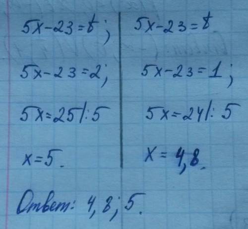 Реши квадратное уравнение 2(5x−23)^2−6(5x−23)+4=0