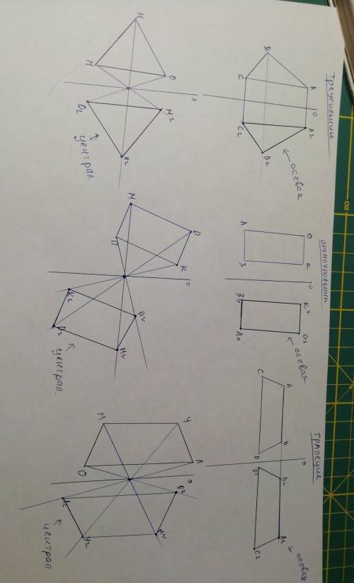 Выполнить практическую работу: на формате а4 построить два вида симметрии осевую и центральную, для