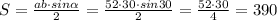 S=\frac{ab \cdot sin \alpha}{2}=\frac{52 \cdot 30 \cdot sin30}{2}=\frac{52 \cdot 30}{4}=390