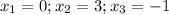 x_1 = 0; x_2 = 3; x_3 = -1