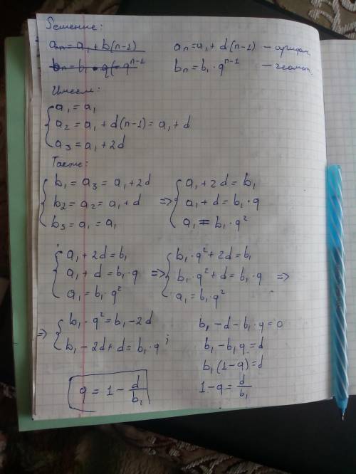 Числа a1,a2,a3 составляют возрастающую арифметическую прогрессию,а числа a3,a1,a2- .найти знаменател