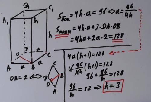 Основание прямой призмы ромб с высотой 2 дм. боковая поверхность 96 дм2, площадь полной поверхности