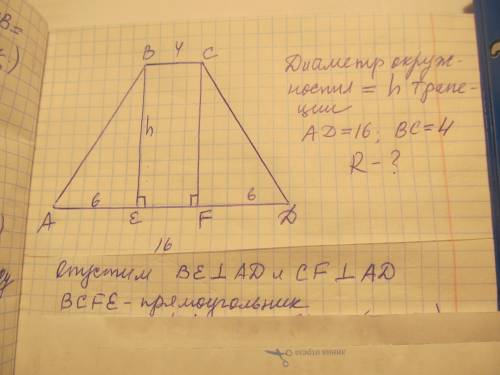 Вравнобедренную трапецию abcd с основаниями ad = 16 и вс = 4 вписана окружность. найдите радиус окру