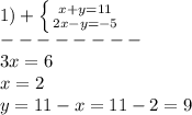 1)+\left \{ {{x+y=11} \atop {2x-y=-5}} \right.\\ --------\\3x=6\\x=2\\y=11-x=11-2=9