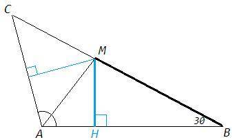 Втреугольнике abc проведена биссектриса am. сумма расстояний от точки m до прямых ab и ac равна 21 с