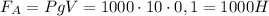 F_{A}=PgV=1000\cdot10\cdot0,1=1000H