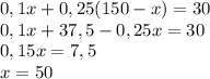 0,1x + 0,25(150-x) = 30\\ 0,1x+37,5-0,25x=30\\ 0,15x=7,5\\ x=50