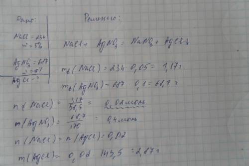 К234г 5%-ного раствора хлорида натрия прилили 687 г 10%-ного раствора нитрата серебра. определите ма