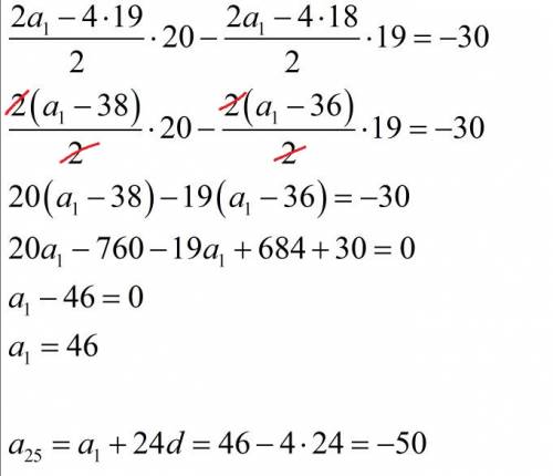 Варифметической прогресси s20 - s19 = -30 и d= -4. найдите a25