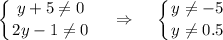 \displaystyle \left \{ {{y+5\ne 0} \atop {2y-1\ne 0}} \right. ~~~\Rightarrow~~~\left \{ {{y\ne -5} \atop {y\ne 0.5}} \right.