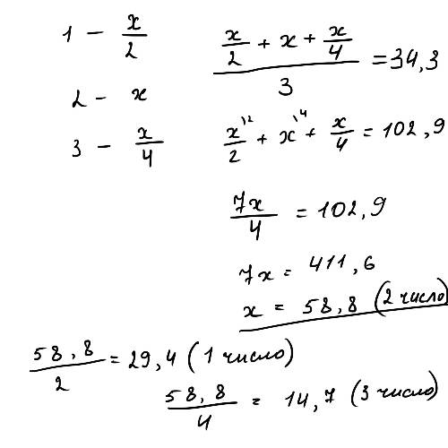 Среднее арифметическое трёх чисел ровно 34,3. одно из них в два раза меньше, чем вторае и в два раза