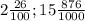 2\frac{26}{100} ; 15\frac{876}{1000}