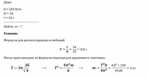 Визначити масу вантажу,який на пружині,що має жорсткість 250 h/м,робить 20 коливань за 16 секунд.