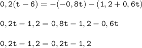 \tt 0,2(t-6)=-(-0,8t)-(1,2+0,6t)\\\\0,2t-1,2=0,8t-1,2-0,6t\\\\0,2t-1,2=0,2t-1,2