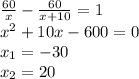 \frac{60}{x}-\frac{60}{x+10}=1\\ x^2+10x-600=0\\ x_{1}=-30\\x_{2}=20