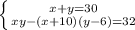 \left \{ {{x+y=30} \atop {xy-(x+10)(y-6)=32}} \right.