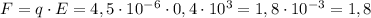 F=q\cdot E=4,5\cdot10^{-6} \cdot 0,4\cdot10^{3}= 1,8\cdot10^{-3}= 1,8