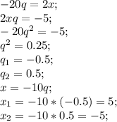 -20q=2x;\\ 2xq=-5;\\ -20q^2=-5;\\ q^2=0.25;\\ q_1=-0.5;\\ q_2=0.5;\\ x=-10q;\\ x_1=-10*(-0.5)=5;\\ x_2=-10*0.5=-5;