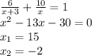 \frac{6}{x+3}+\frac{10}{x}=1\\ x^2-13x-30=0\\ x_1=15\\x_2=-2