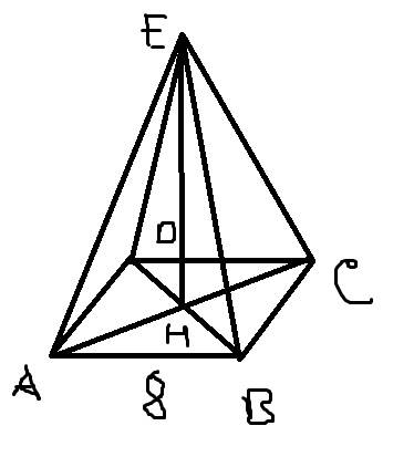 Сторона основания правильной четырехугольной пирамиды равно 8см, а боковое ребро наклонено к плоскос